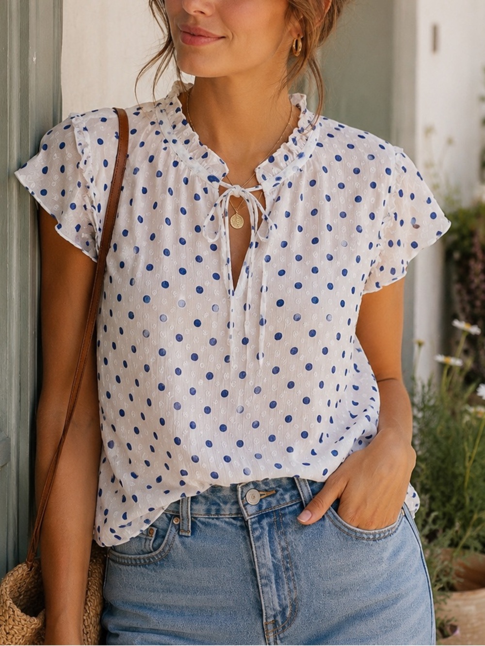 Tie-Neck Polka Dot Blouse in White and Blue